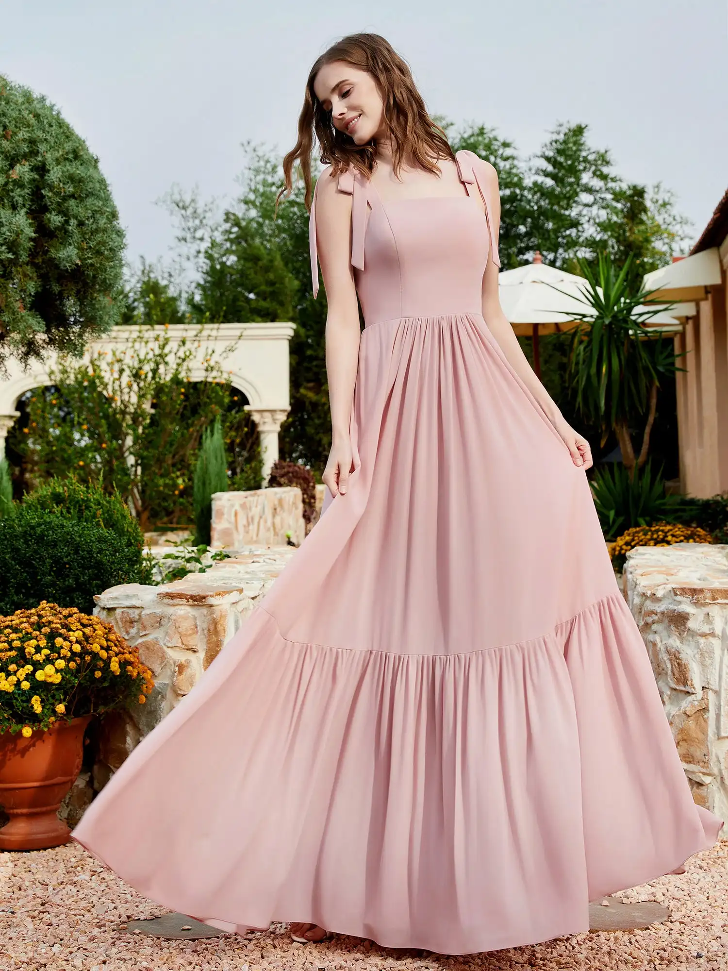 Chiffon A-Linie lange Brautjungfer kleider Bogen Spaghetti träger quadratischen Kragen rücken freie Schnürung Abendkleider Hochzeit Gast kleid