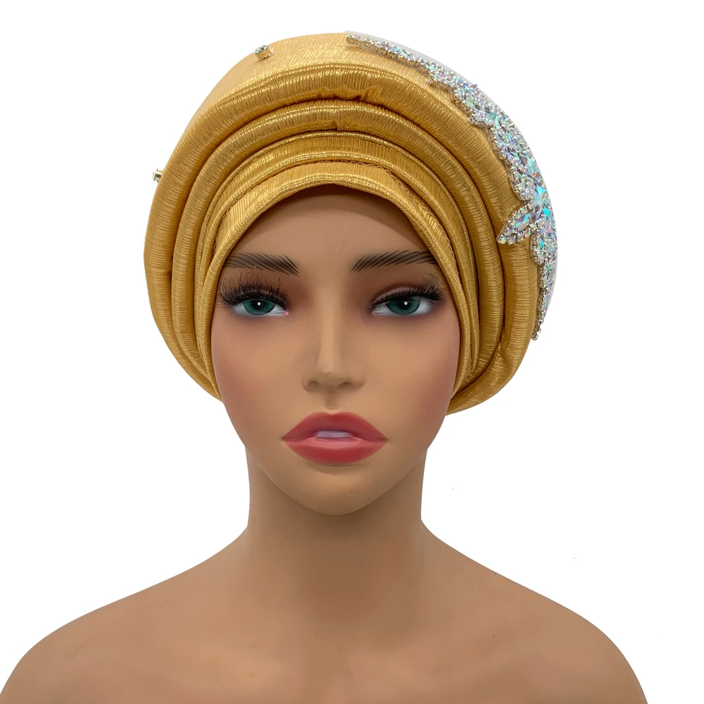 African Wrap Head Headgear Nigeria Auto Gele Headtie Turbante Mujer Luxury Rhinestone Turban Hat for Women Glitter