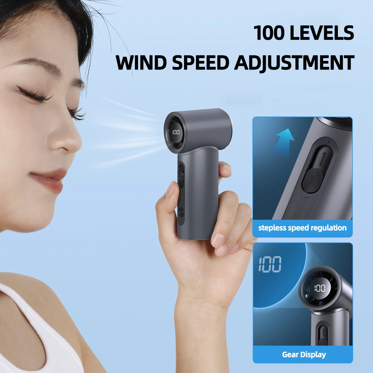 Quiet Portable Handheld Fan Rechargeable with Digital Display 100 Speed Levels Stepless Adjustment Mini High-Speed Pocket Fan
