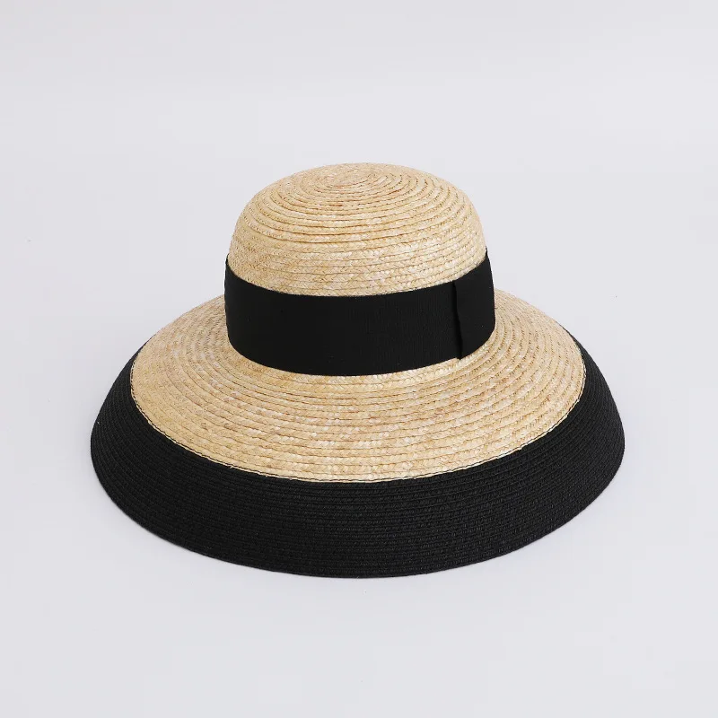 

Korean Designer Color Blocking Large Brim French Vintage Hepburn Straw Hat Women Elegant Summer Vacation Fashion Sunshade Hat