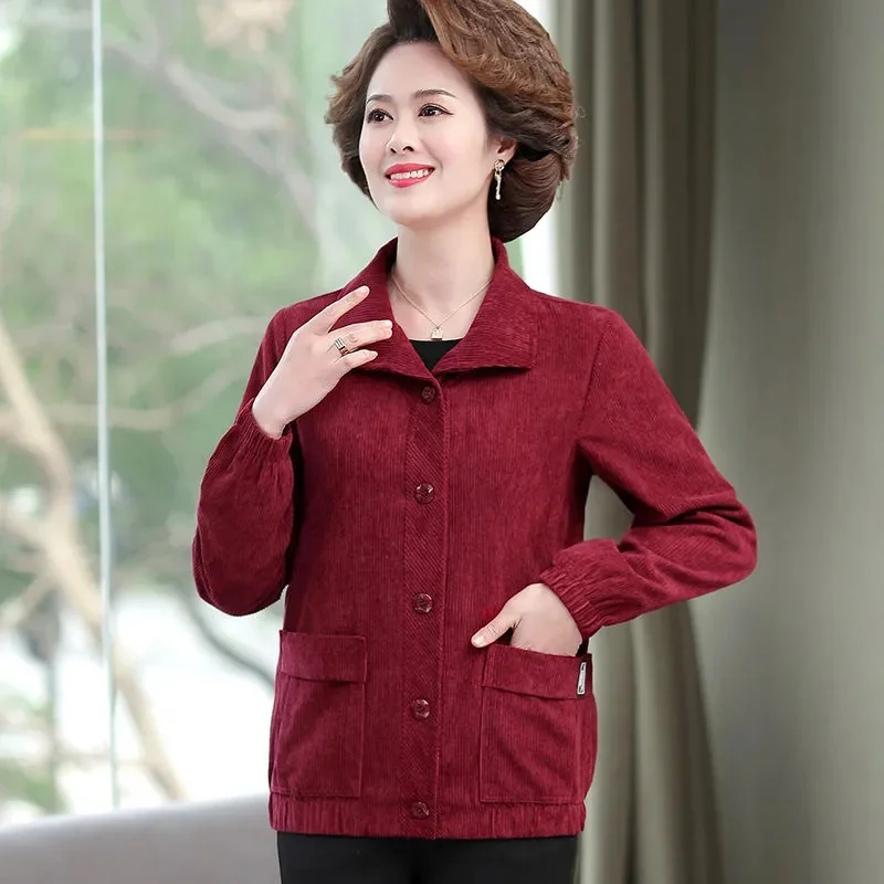 

Middle Aged Mom Corduroy Cardigan Top Jacket Spring Autumn Female Patchwork Lapel Short Coat Ladies Fashion Long Sleeves Outwear