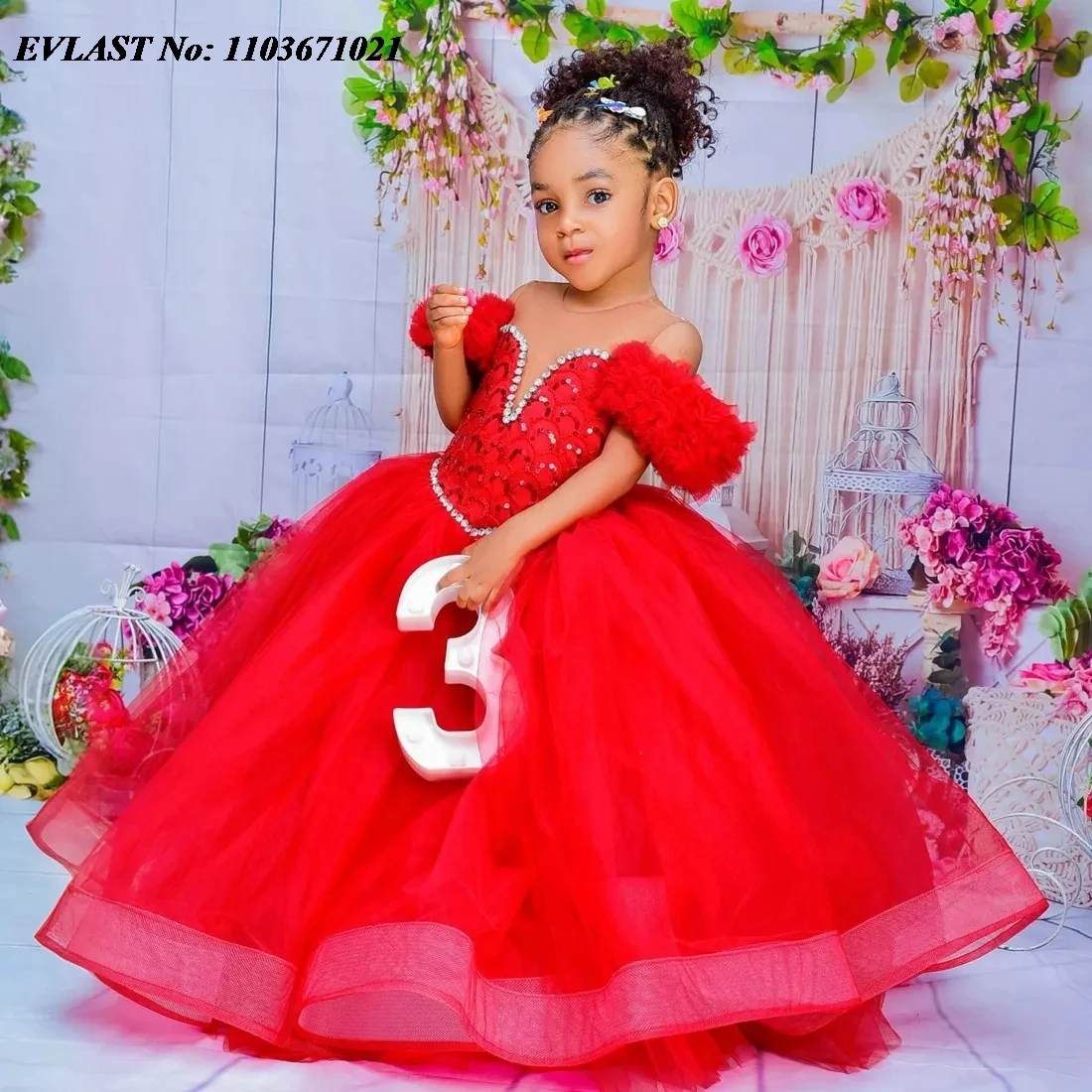 EVLAST Lovely Red Kids Birthday Flower Girl Dress Sheer Neck Pleated Ruffles Tiered Ball Gowns for Wedding Pageant Gown FD02