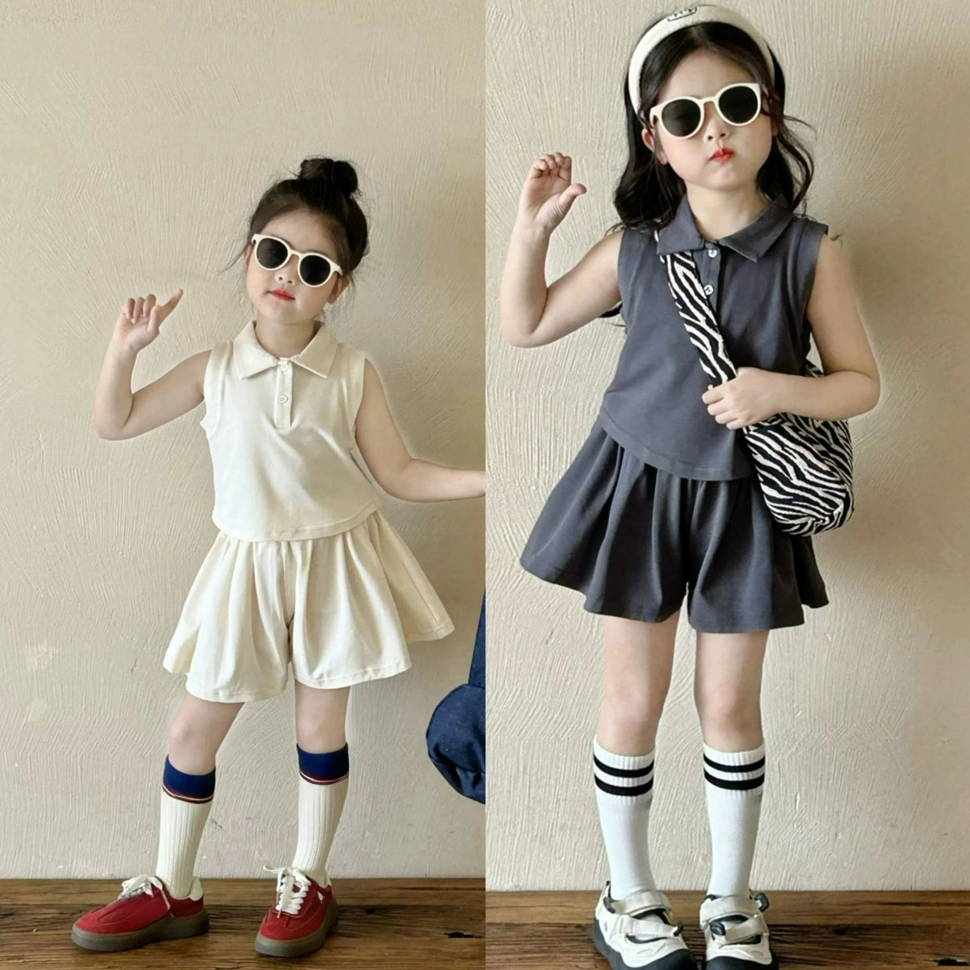 2026 Baby Girls' Clothing Set Summer Style Polo Collar Sleeveless Top+casual Shorts Sporty Style Children's Clothing