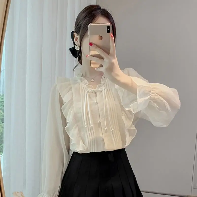 

Lotus Edge Lace Sweet Chiffon Shirt For Women's Spring And Autumn Wear, New Design Sense, Long Sleeved Button Top