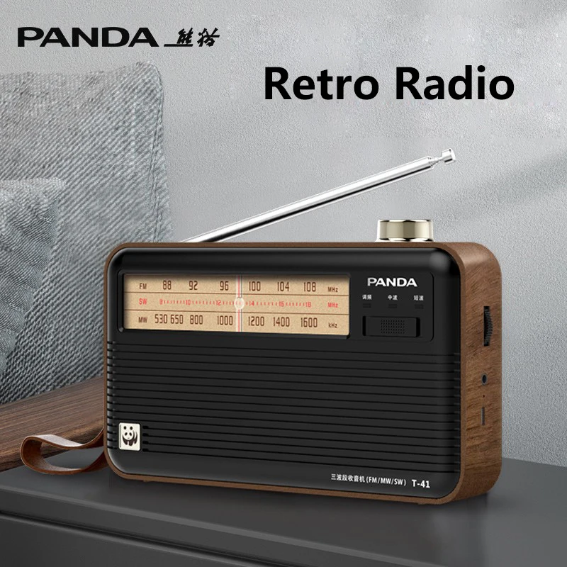 PANDA T-41 FM/MW/SW Three Band Radio With 3 Inch Speaker Intelligent Lithium Battery Portable Retro Wood Grain Radios