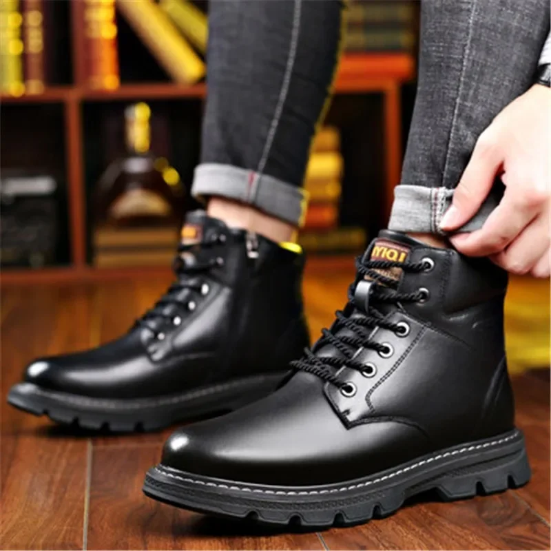 Genuine Cow Natural Leather Winter Wool Fur Plush Warm Men Ankle Snow Boots Fashion Motorcycle Shoes Male Outdoor Working Shoes