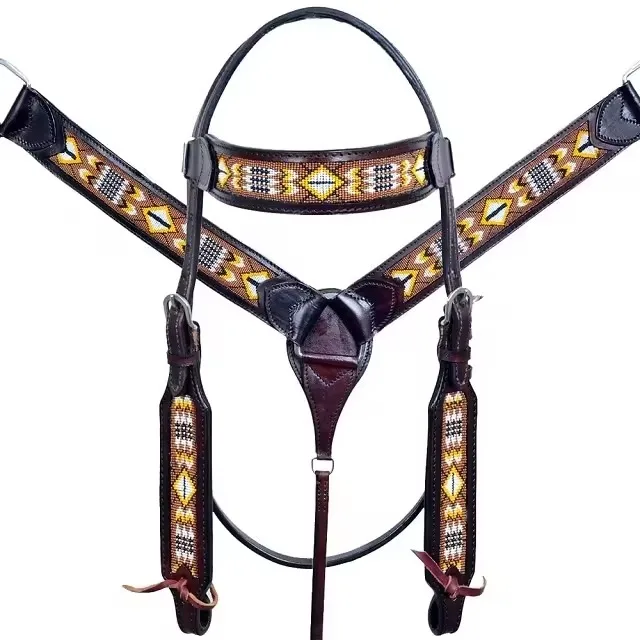 Western Headstall & Breast Collar Set Leather Cowhide Lightweight Custom Beaded Modern Design Horse Ridding Equipments