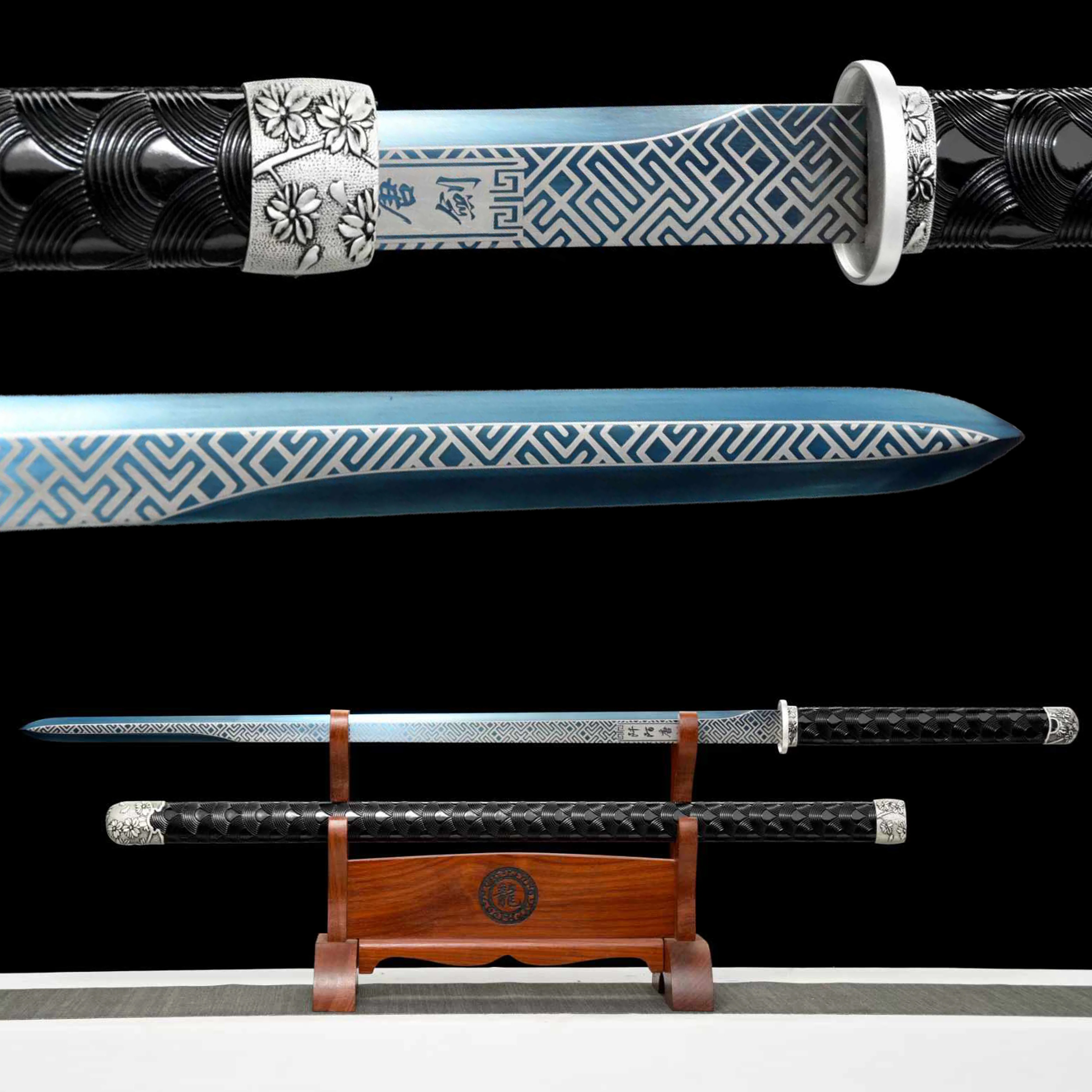 105cm medieval samurai sword, spring steel, blue, sharp blade, Chinese characters, Qianmo Tang Sword, katana combat Preparation