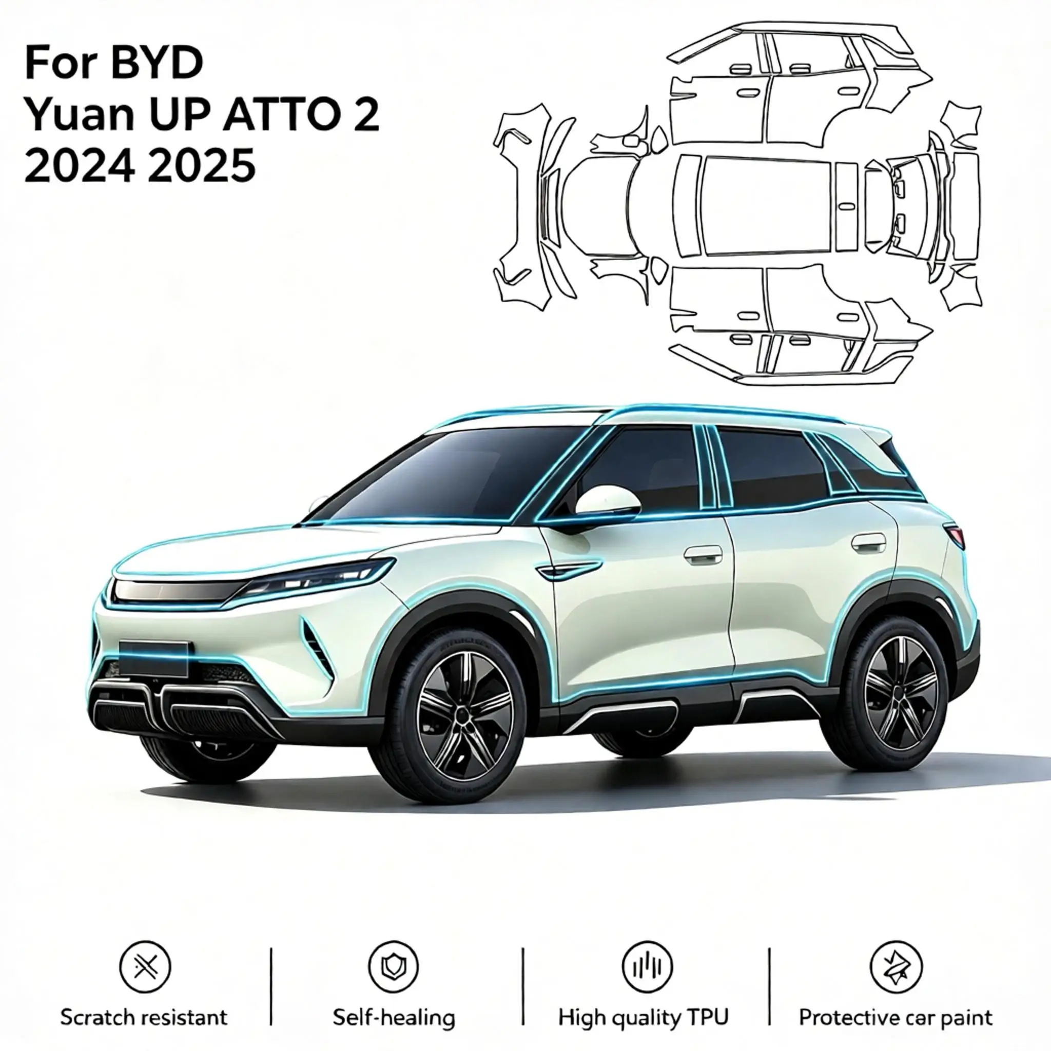 For BYD Yuan UP ATTO 2 2024 2025 9Mil TPU Paint Protective Film Kit Pre-cut PPF Matte And Clear Bra Body Anti-Scratch Resistant