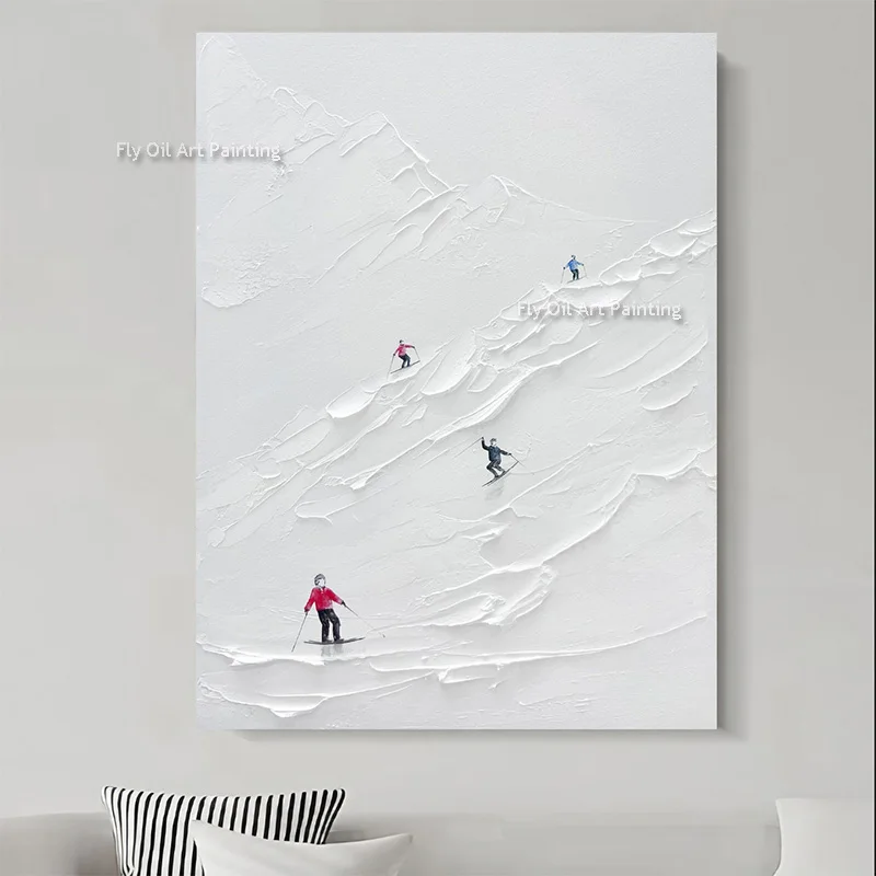 Hand Drawn People Skiing In Winter Thick Oil Painting Modern Snowy Mountain White Landscape Canvas Wall Art For Home Decor