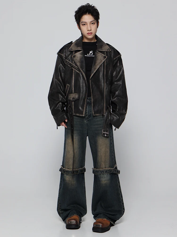 Mauroicardi Spring Cool Handsome Vintage Distressed Black Pu Leather Biker Jacket Men Belt Zipper Loose Unisex Clothes 2024 13 S0569aad7f9ec43bfb0ef5d177e3e88beV