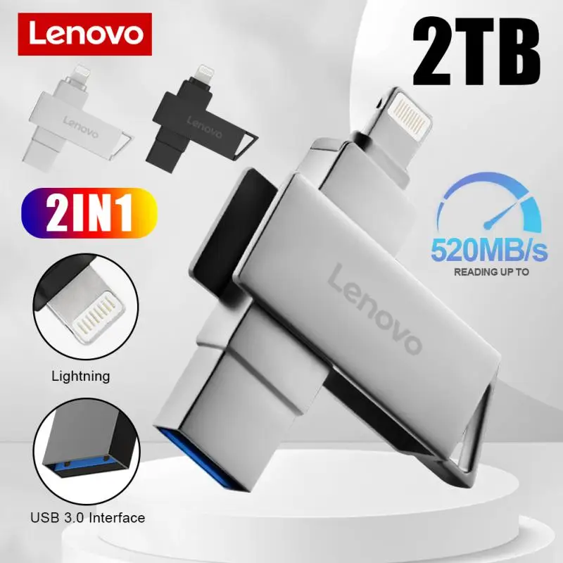 Lenovo-Pen Drive Lightning OTG, Pen Drive USB para iPhone, iPad, Android, Memory Stick para PC, 2TB, 128GB, 1TB Pendrive, 2 em 1