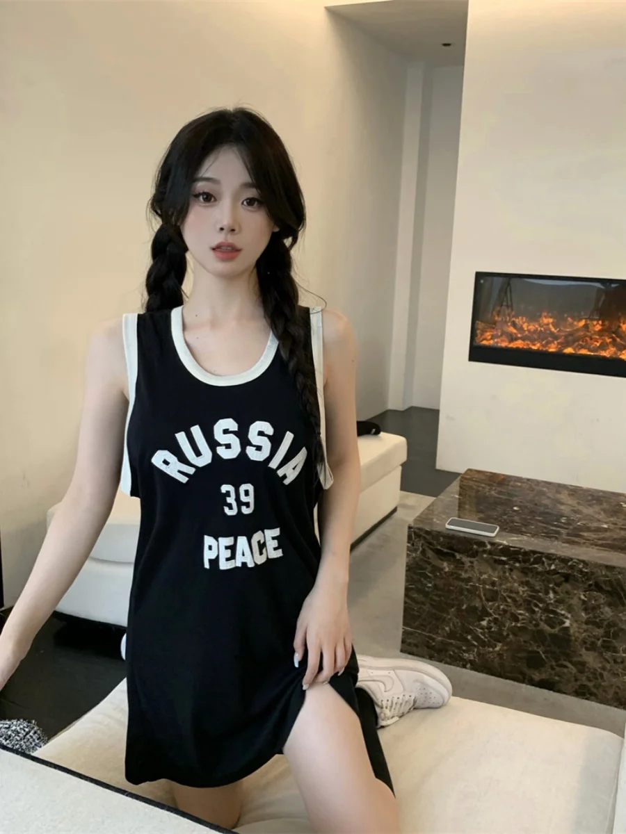 Loose Fit Shoulder Bared Sleeveless Vest Dress Summer New Style Fashion Design Letter Print Women's Top Medium Length Tunic