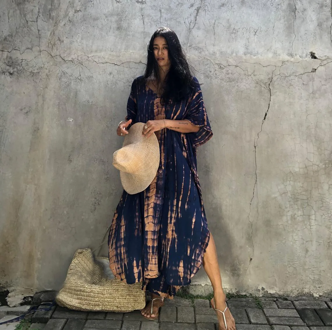 Plus Size Boho Cover Up damski Plus Tie Dye i Geo Print rękaw w kształcie skrzydła nietoperza dekolt z dekoltem w szpic okrycie plażowe sukienka