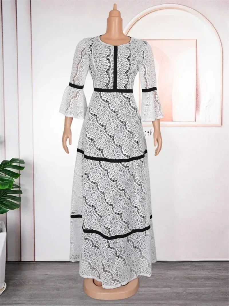 

2025 Autumn Lace Dresses For Women Elegant Long Sleeve Maxi Robe Wedding Party Evening Gown African Dashiki Outfits Dubai Abayas