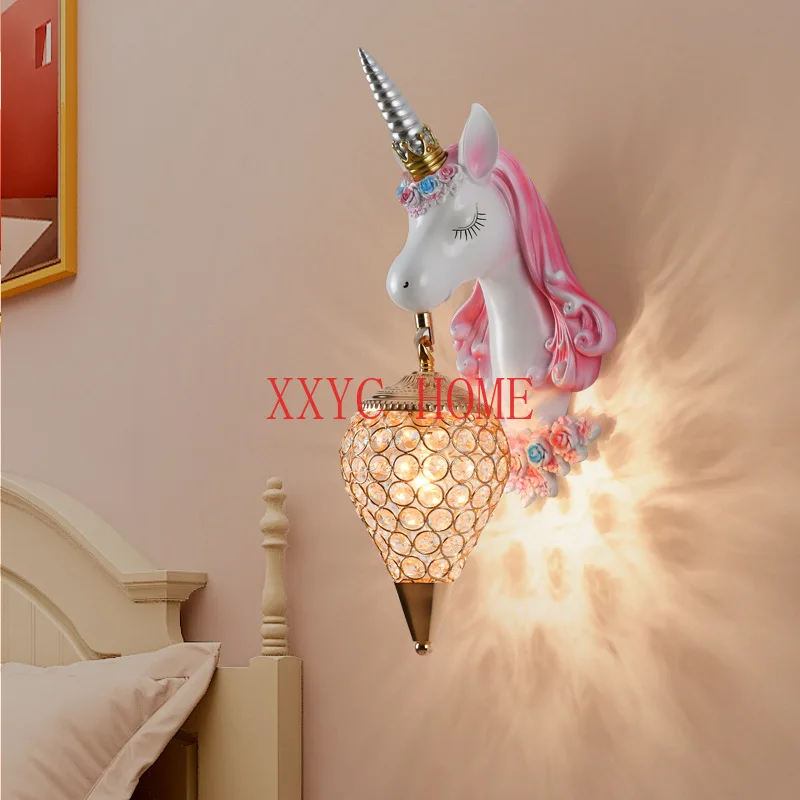 Nordic Unicorn Lamp Resin Wall Lamp Crystal Bracket Sconce for Children Home Interior Lighting Girl Bedroom Bedside Living Room