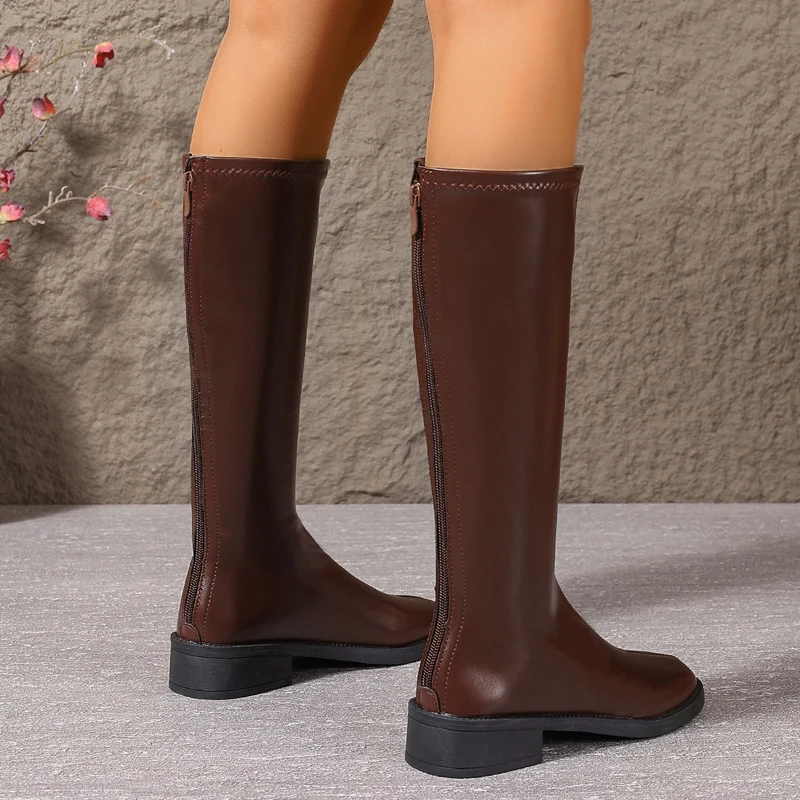 Winter Women Faux Leather Square Toe Knee High Boots Shoes Back Zipper Non-Slip Thick Sole Casual Daily Shoes image 6