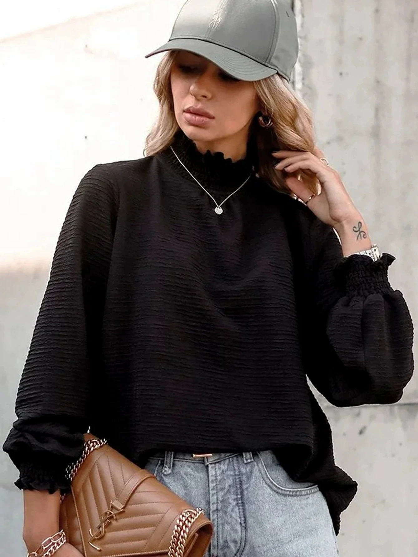 Elegante Herbst Hohe Kragen Patchwork Frauen Hemd Chic Bluse Langarm Büro Hemd Plain Casual Grundlegende Regelmäßige Top Frau – Detail 2