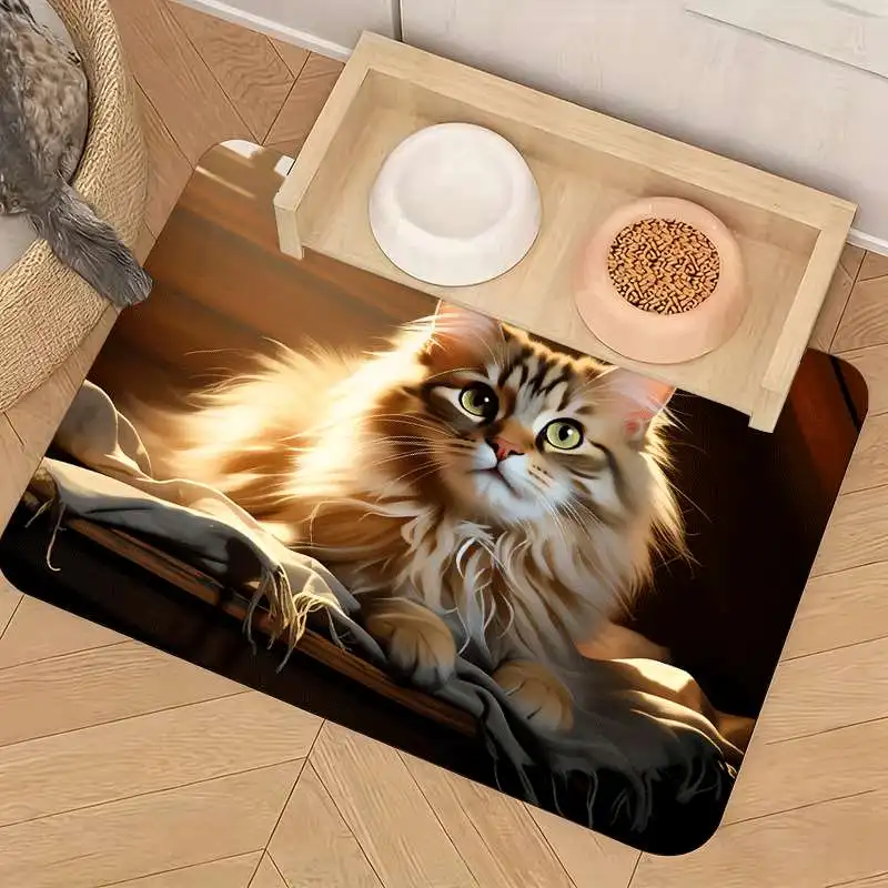 Tapis d'alimentation antidérapant pour chat, 1 pièce, adapté à toutes les races, sol anti-fuite facile à nettoyer avec un joli motif de chaton