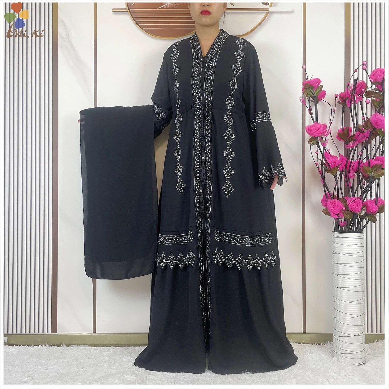 New Muslim Fashion Women Chiffon Hot Diamond Open Zipper Robe Dashiki African Abaya Women Robe Islamic Cardigan Robe Clothing