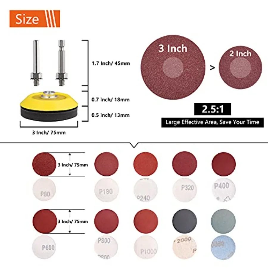 100pcs 3inch Sanding Discs Pad with 2Pcs Sanding Sponge Buffing Blocks Variety Kit for Drill Grinder Rotary Tools Attachment wi