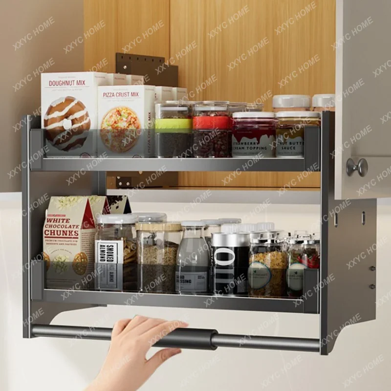 Kitchen Wall Cupboard Lifting Pull-out Basket Cabinet Drop-down Type up and down Buffer Open Door Telescopic Storage Rack