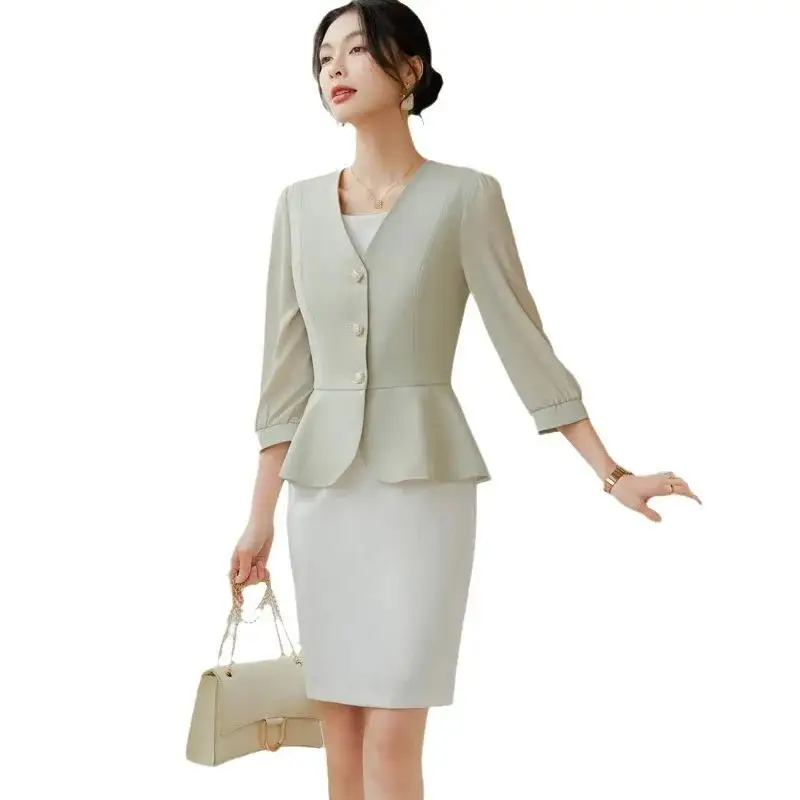 Women Casual 2 Pieces Set 2024 New Fashion Lantern Sleeve Jacket + White Dress Suit Office Ladies Business Blazers Skirt Set