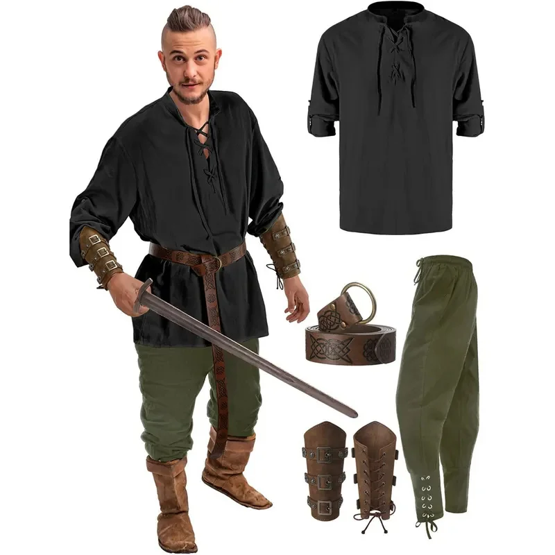 Jiuguva 4 قطعة مجموعة أزياء الهالوين للرجال عصر النهضة قميص القرون الوسطى القراصنة الكاحل النطاقات السراويل فايكنغ حزام الملحقات