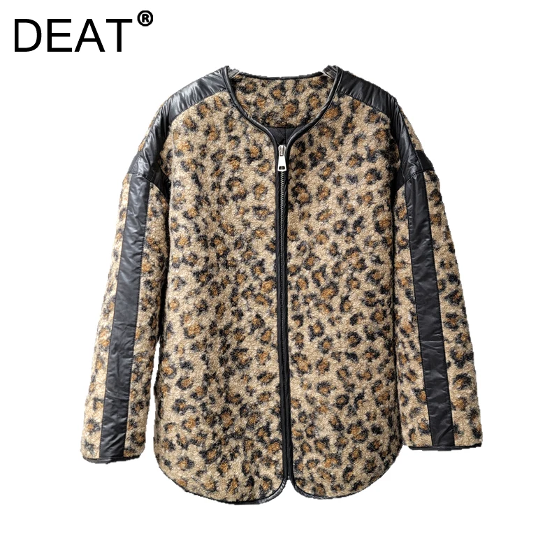 DEAT Women's Coat O-nek Leopard Pattern Zipper Pu Edge Cotton-padded Loose Long Sleeve Jackets 2024 New Fashion Winter 29L8910