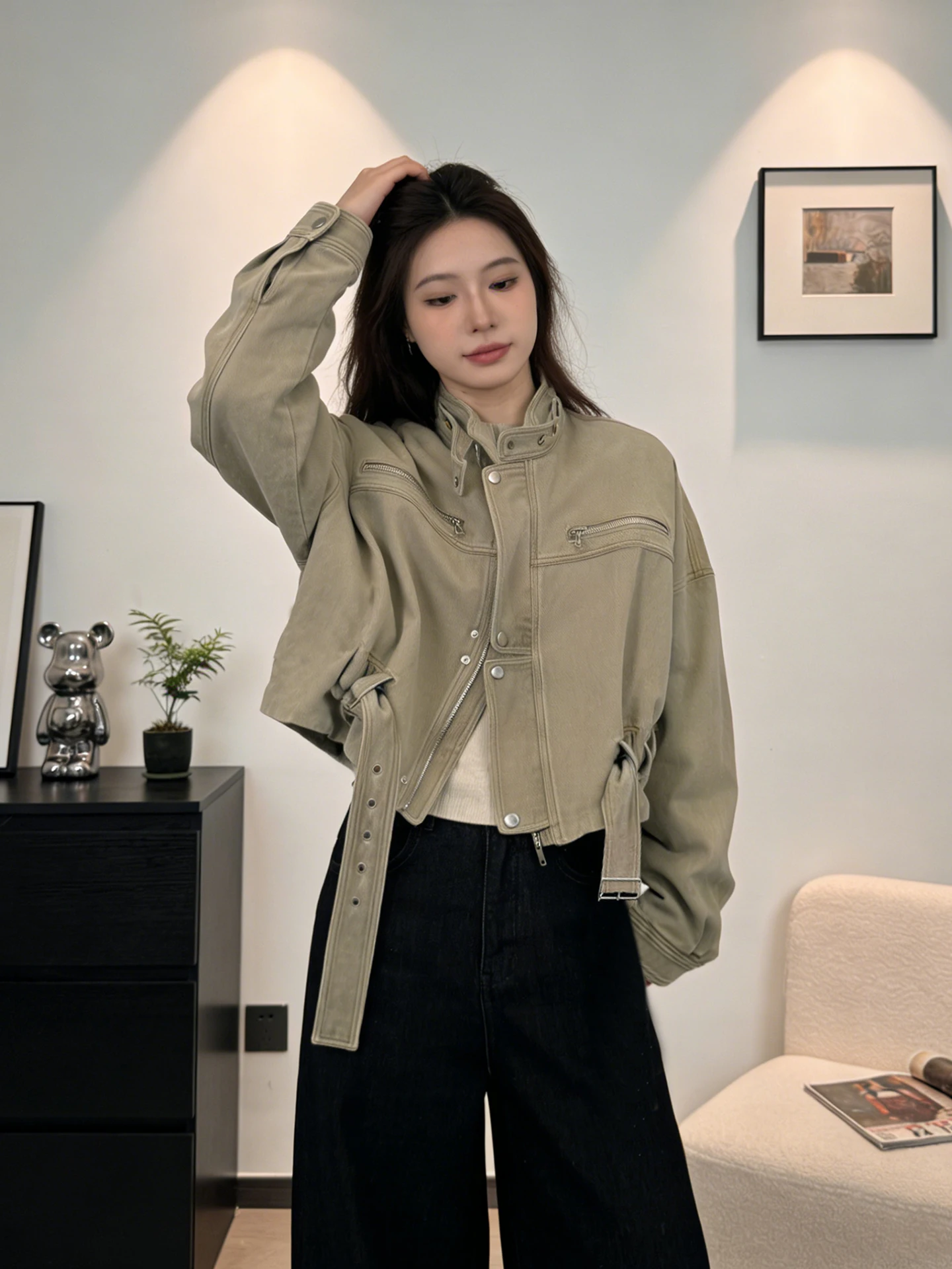 

Ретро-американская рабочая куртка свободного кроя для женщин, весна 2026, модная мотоциклетная куртка с воротником-стойкой