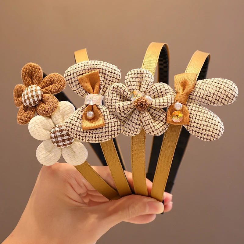 2023 New Children Lovely Coffee Color Cartoon Heart Flower Bow Ornament Headbands Baby Girl Cute Hair Hoop Kids Hair Accessories