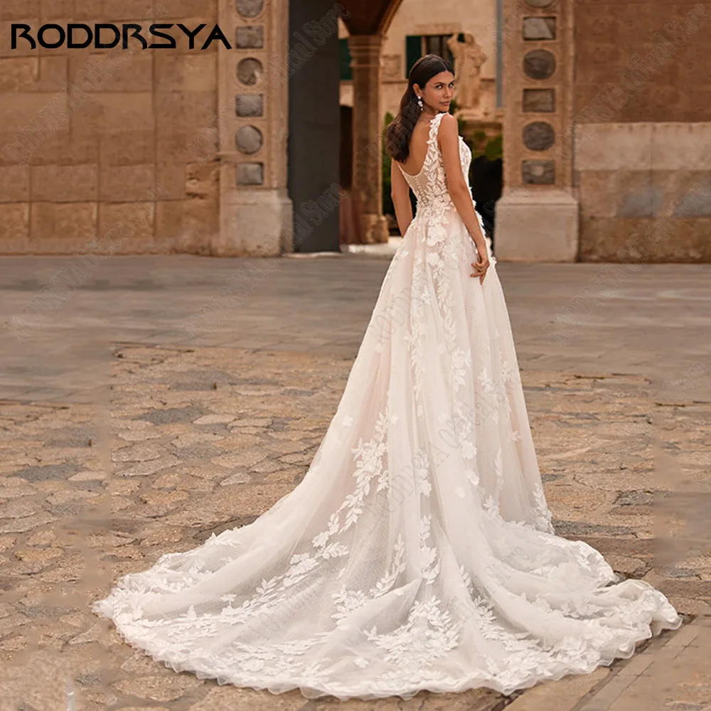 RODDRSYA-Robes de mariée A-Line à col en V, dentelle sur mesure, 2024 fibres appliquées, dos nu, patients BohoRoddrsya V - neck a - word robe de mariée 2024 sans manches applique Floral dos rosé robe de mariée bohème s