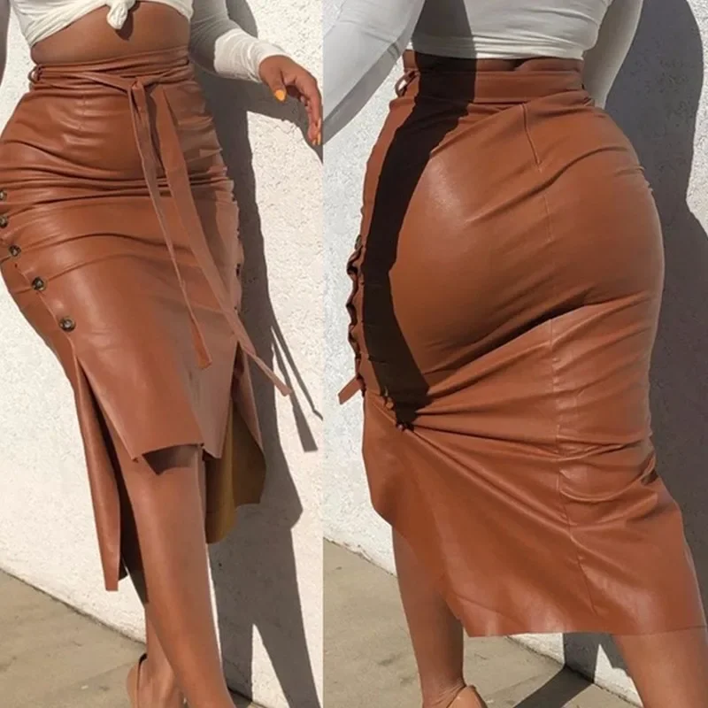 Autumn Winter Women PU Leather Bodycon Skirt Y2K Chic Clothes Sexy High Waist Button Side Slit Long Skirt Streetwear