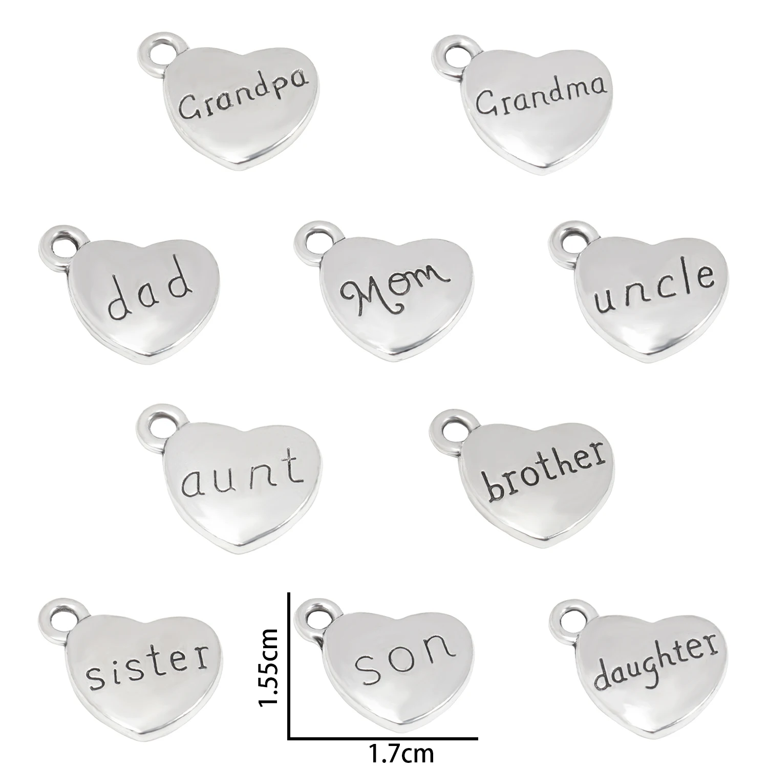 10Pcs Alloy Heart Shaped Family Member Dad Mom Grandkids Son Daughter Charm Pendant For Bracelet Necklace Earring Jewelry Making