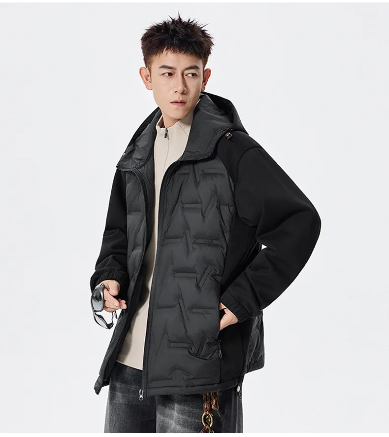 Men Winter Hooded Hybrid Padded Jacket Raglan Sleeve Spliced Fabric Zipper Warm Coat Casual Outdoor Outerwear For Male