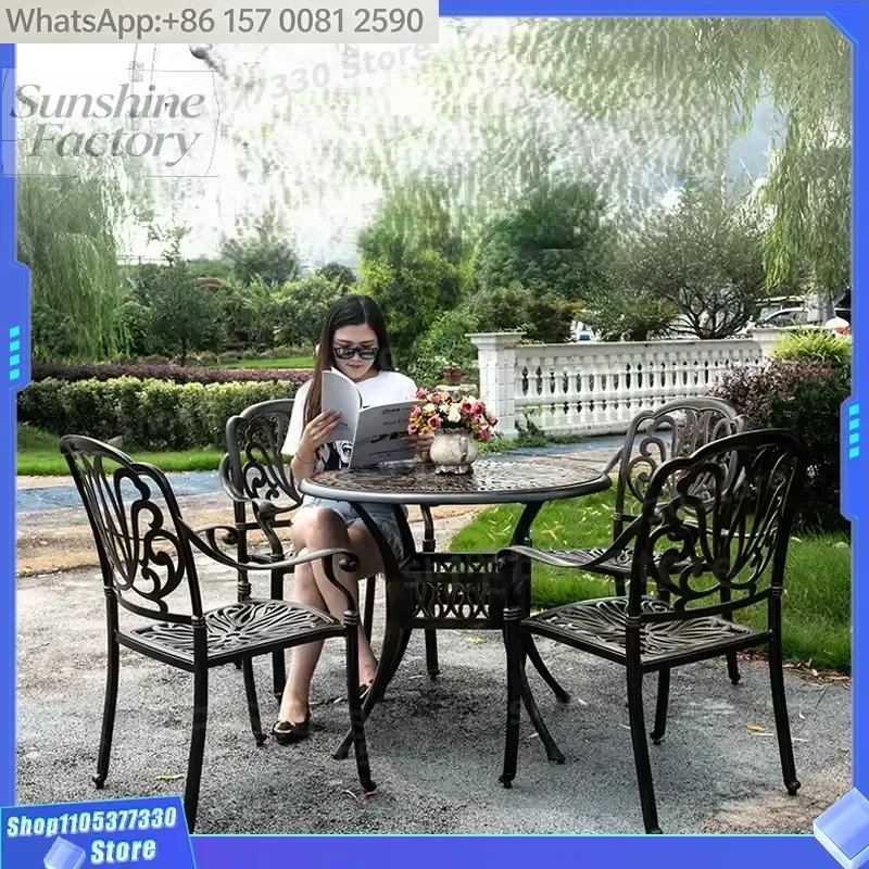 Cast Aluminum Outdoor Dining Table Iron Chair Set 3-5 Piece Waterproof UV-Resistant Durable Furniture for Balcony Courtyard