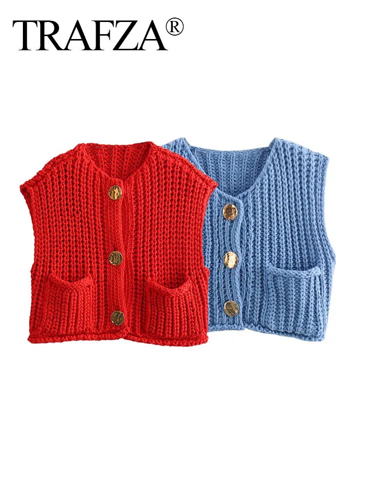 TRAFZA 2024 Summer Fashion Knitted Vest Solid Sleeveless Gold Buttons O Neck Sweater Elegant Y2k Causal Red Cropped Cardigan