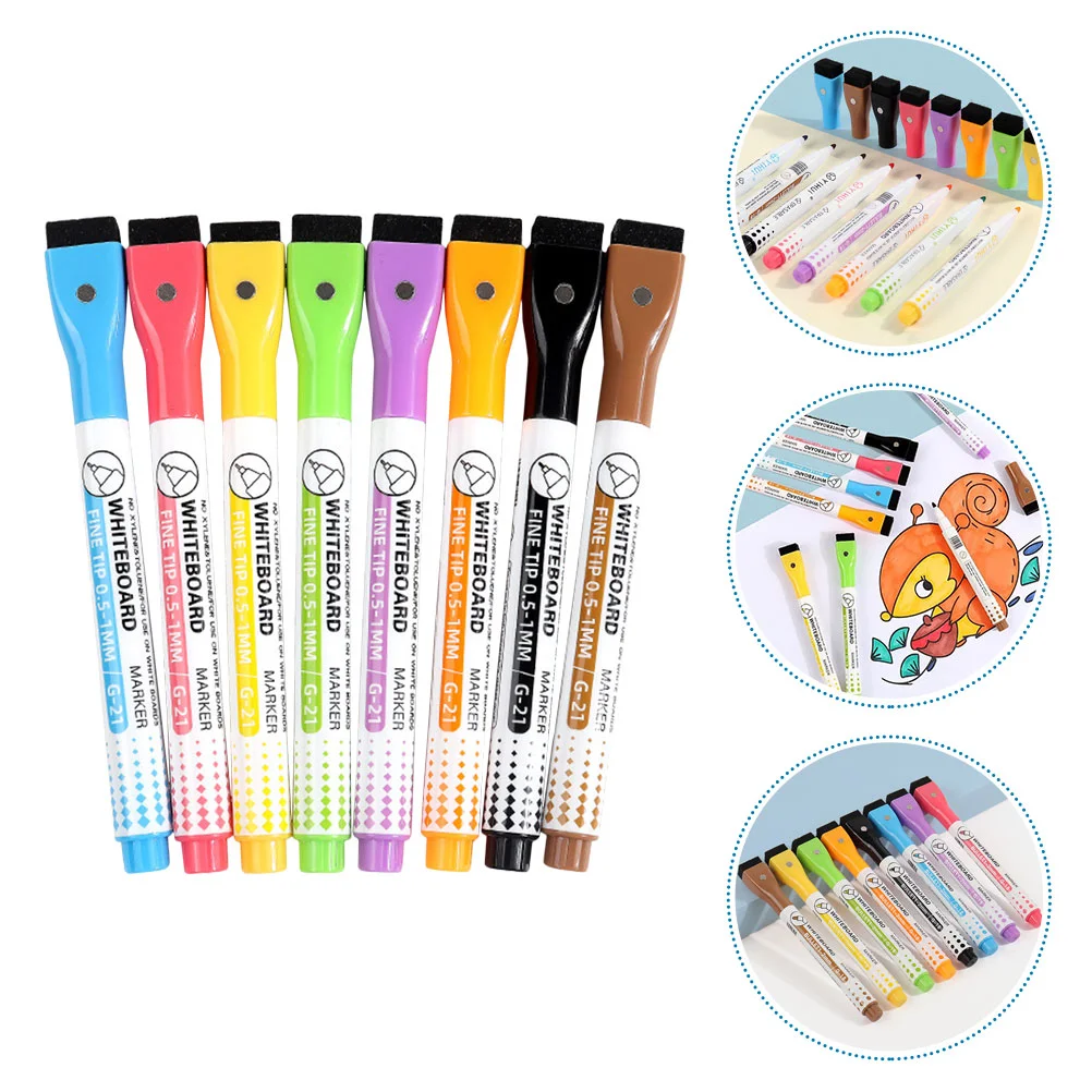 8 Stuks Magnetische Whiteboard Pen Markers Fijne Tip Pennen Graffiti Droog Wissen Met Gum Pp Wasbaar Uitwisbaar Kind