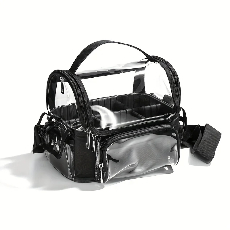 

Professional Makeup Brush Holder - Large Clear Waterproof Cosmetic Organizer Bag with Adjustable Strap and Dividers for Easy Acc