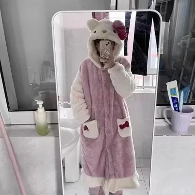 Hello Kitty Kawaii Sanrio Cute Bow Furry Pajamas Autumn And Winter Sweet Girl Long Pajama Anime Plush Couple Loungewear