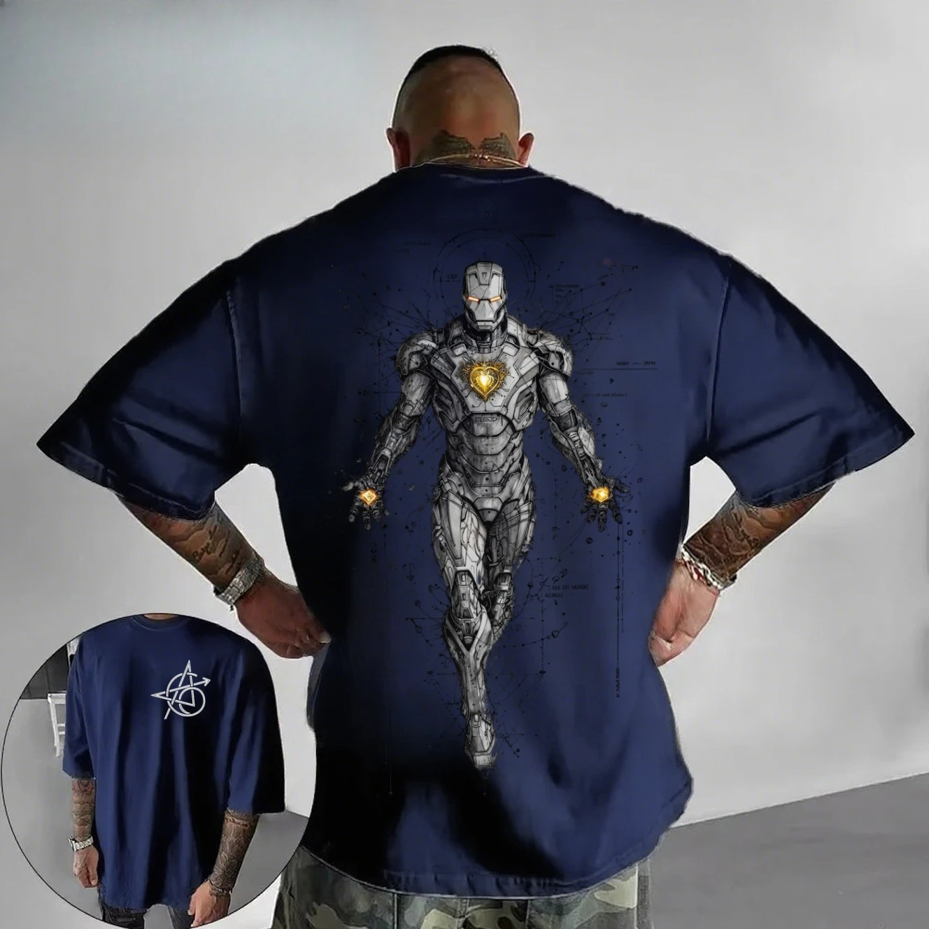 2026 New Cyberpunk Iron Man Tech Line Art Back Print T Shirt Men Summer Cotton Short Sleeve O Neck Oversized White Casual Tops view 4