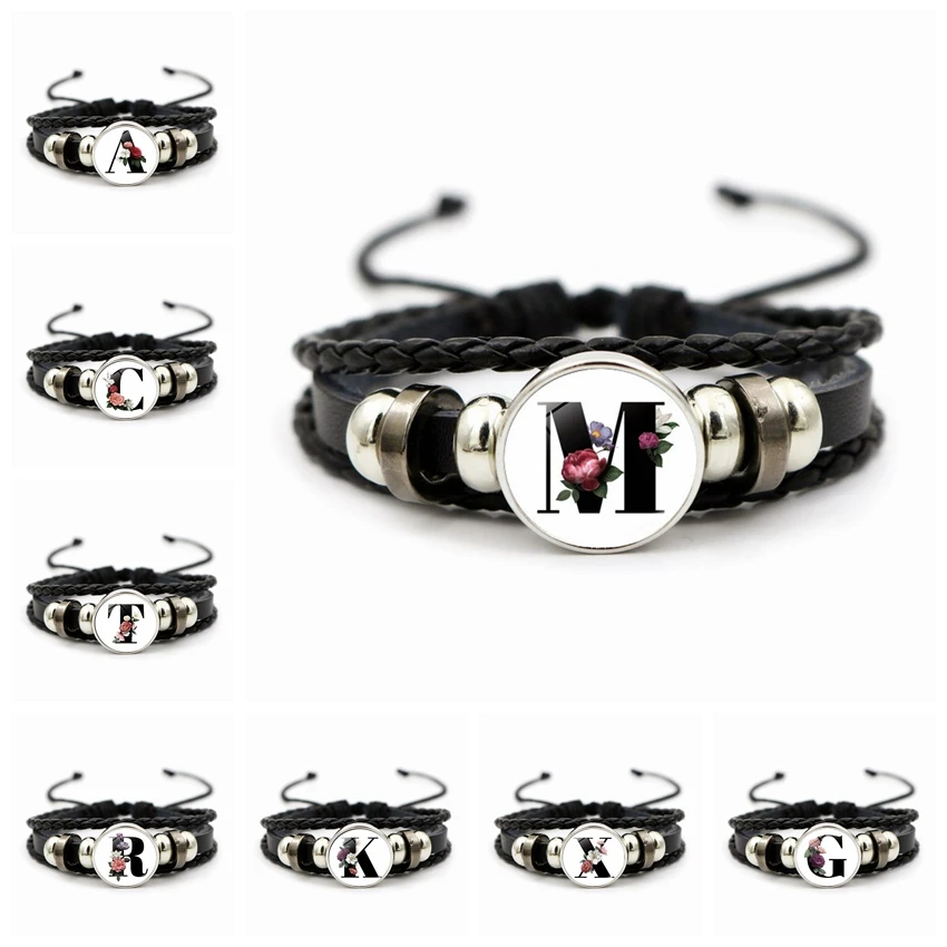 Popular Jewelry Dome Glass Leather Bracelet 26 English Letters Versatile for Men and Women Braided Beading