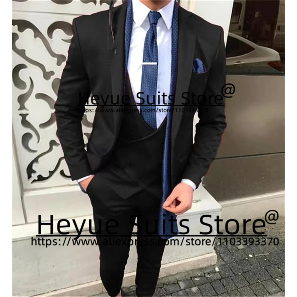 

Business Black Wedding Suits For Men Slim Fit Notched Lapel Groom Tuxedos 3 Pieces Sets Custom Bias Breasted Vest Costume Homme