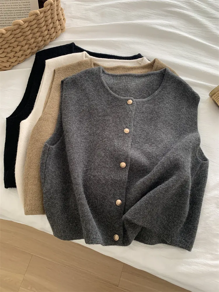 سترة نسائية محبوكة بدون أكمام بمقاسات كبيرة، ملابس خارجية نحيفة للربيع المبكر، كارديجان مفتوح