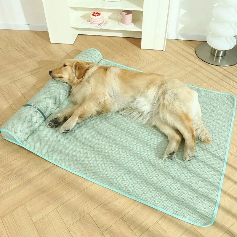 Summer Dog Bed with Pillow, Cooling Sofa for Small Medilum, Large Dogs, Breathable Big Dog Rattan Mat, Cat Sleeping Pad, House P