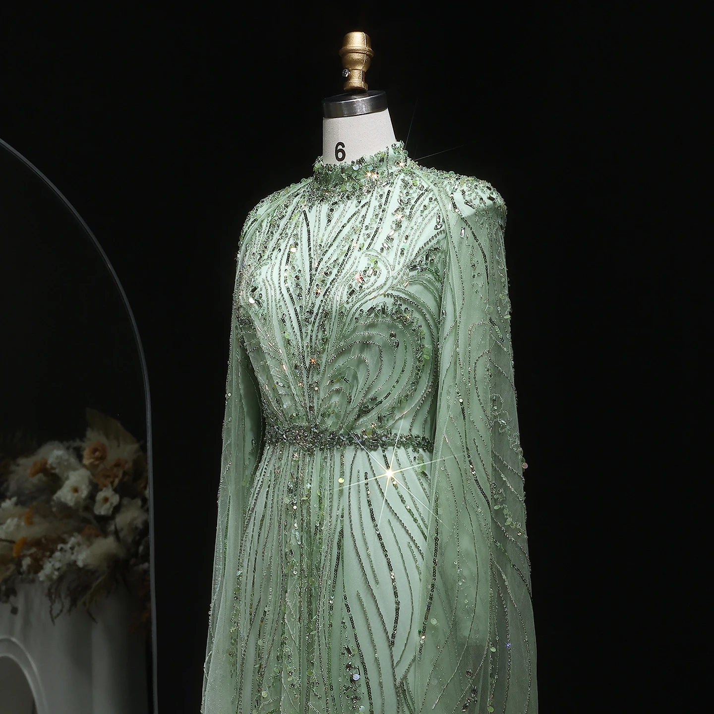 Sharon Said Luxuriöses Dubai Champagner Kristallperlen-Cape Muslimisches Abendkleid Arabisches Hochzeitskleid Ballkleid SS366 Maßanfertigung – Detail 9