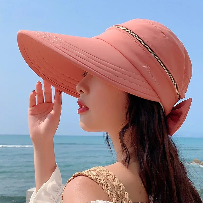 Women\'s Summer Hat Removable Cap Top with Zipper Empty Top Hat Anti-UV Sun Hats Ladies Foldable Big Brim Hat Visor Caps