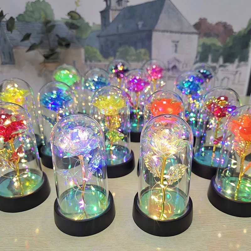Regalo de San Valentín para Novia, Rosa Eterna con Luz LED, Flor en Cubierta de Cristal, Regalo para el Día de la Madre, Recuerdos de Boda, Regalo para Damas de Honor