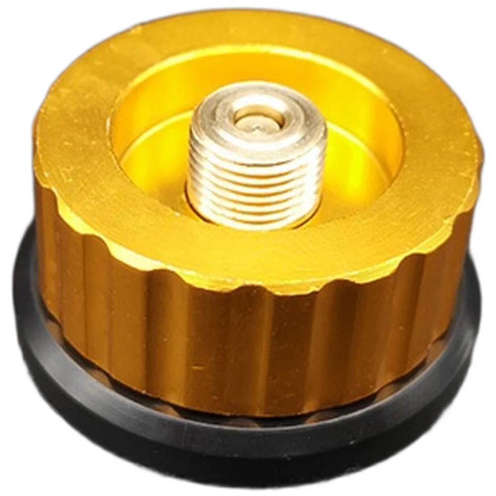Grey gold fuel canister adapter with screw in fitting and automatic shut off for flat and For long canister use