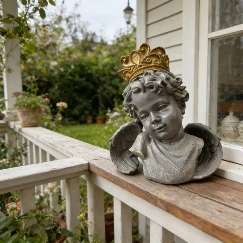 Wetterbeständige Engelskopf-Statue aus Kunstharz mit goldgekrönter, antiker Gartendekoration für den Innen- und Außenbereich – Detail 10